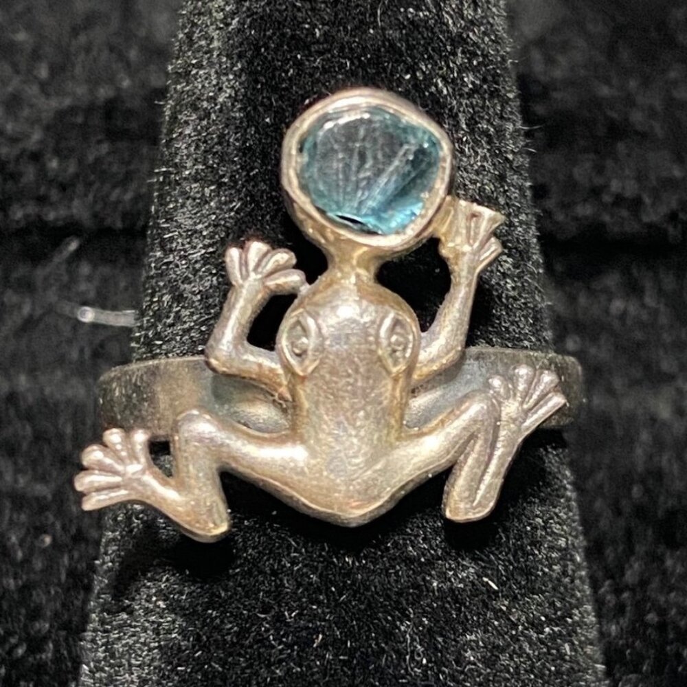 Ring Frog Raw Stone Possibly Aquamarine Blue Sterling Silver Tested Vintage Jewe